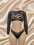 Black Fishnet Lace-Up Crop Top, Fishnet Bottoms & Thong Set – Dancer, Bottle Girl & Rave Wear