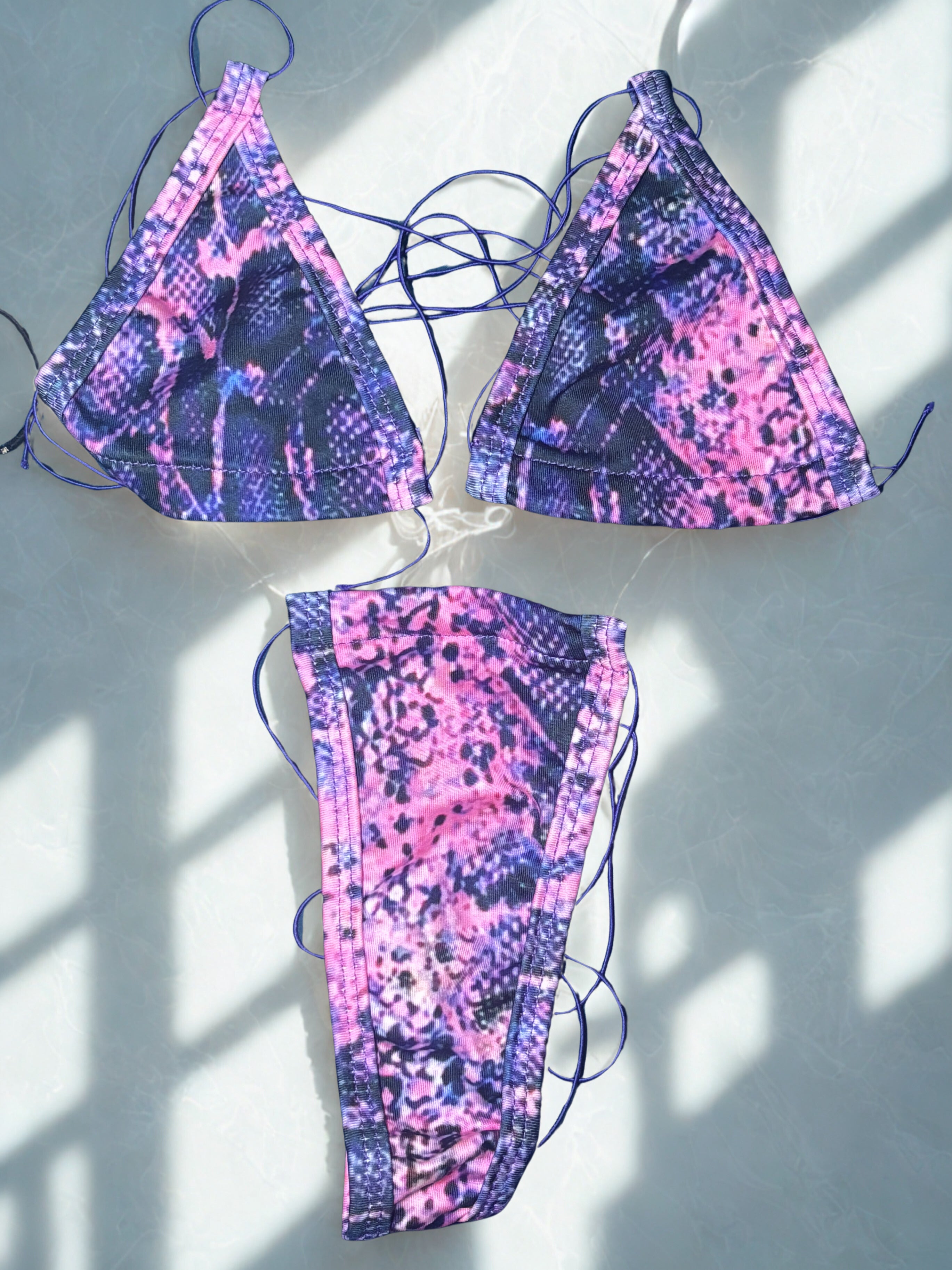 Purple Pink Snake Print Multi-String Triangle Microkini Set
