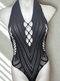 Black Geometric Open-Weave Halter Bodysuit
