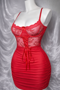 Red Floral Lace Corset Mini Dress with Thong