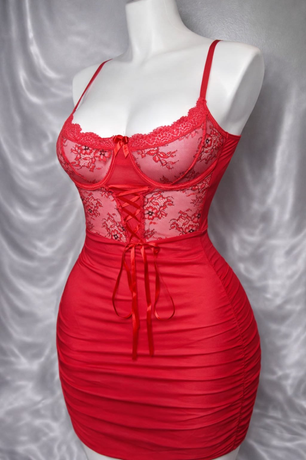 Red Floral Lace Corset Mini Dress with Thong