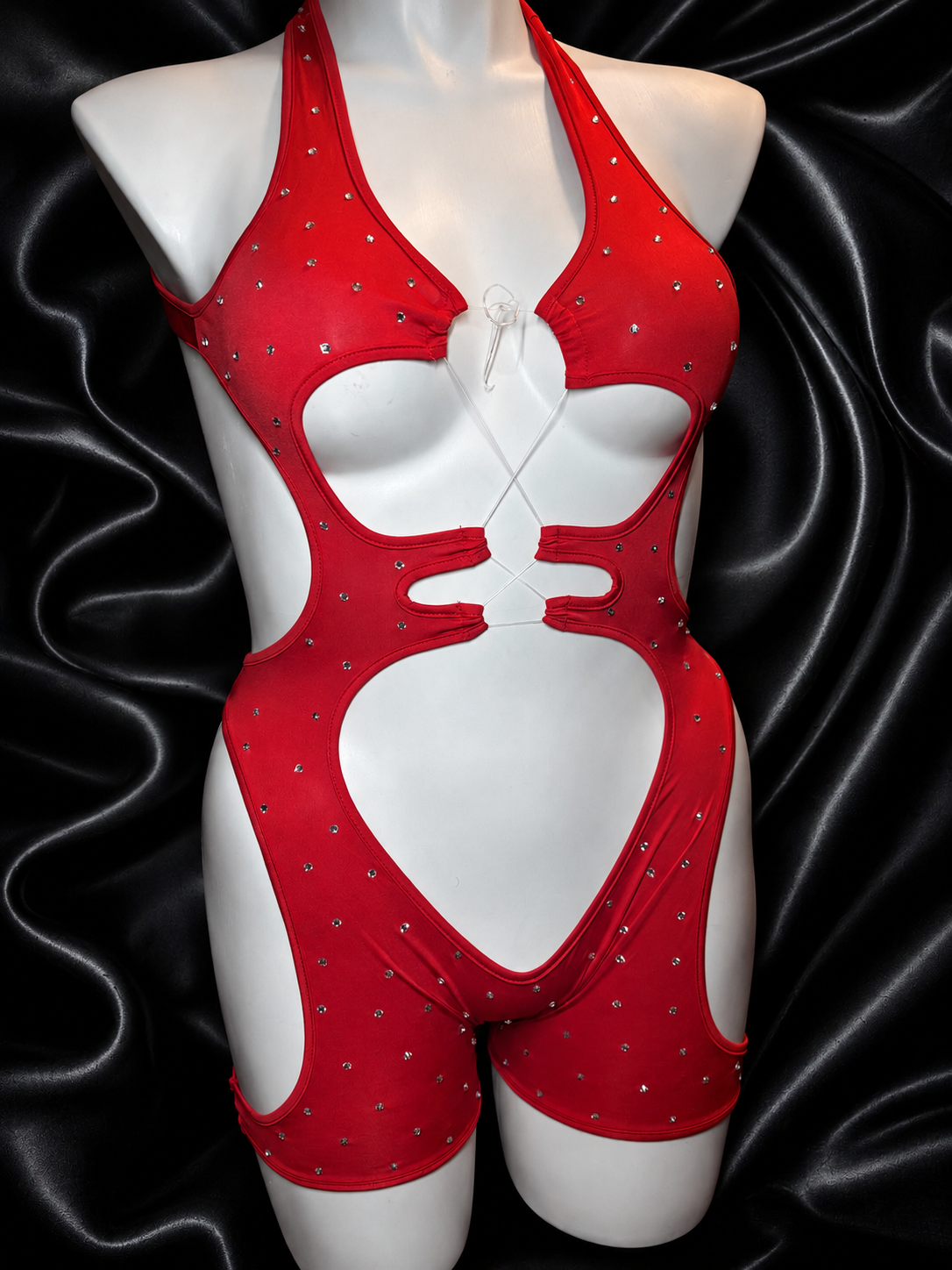 Red Rhinestone Cutout Halter Bodysuit – Exotic Dancer Stagewear