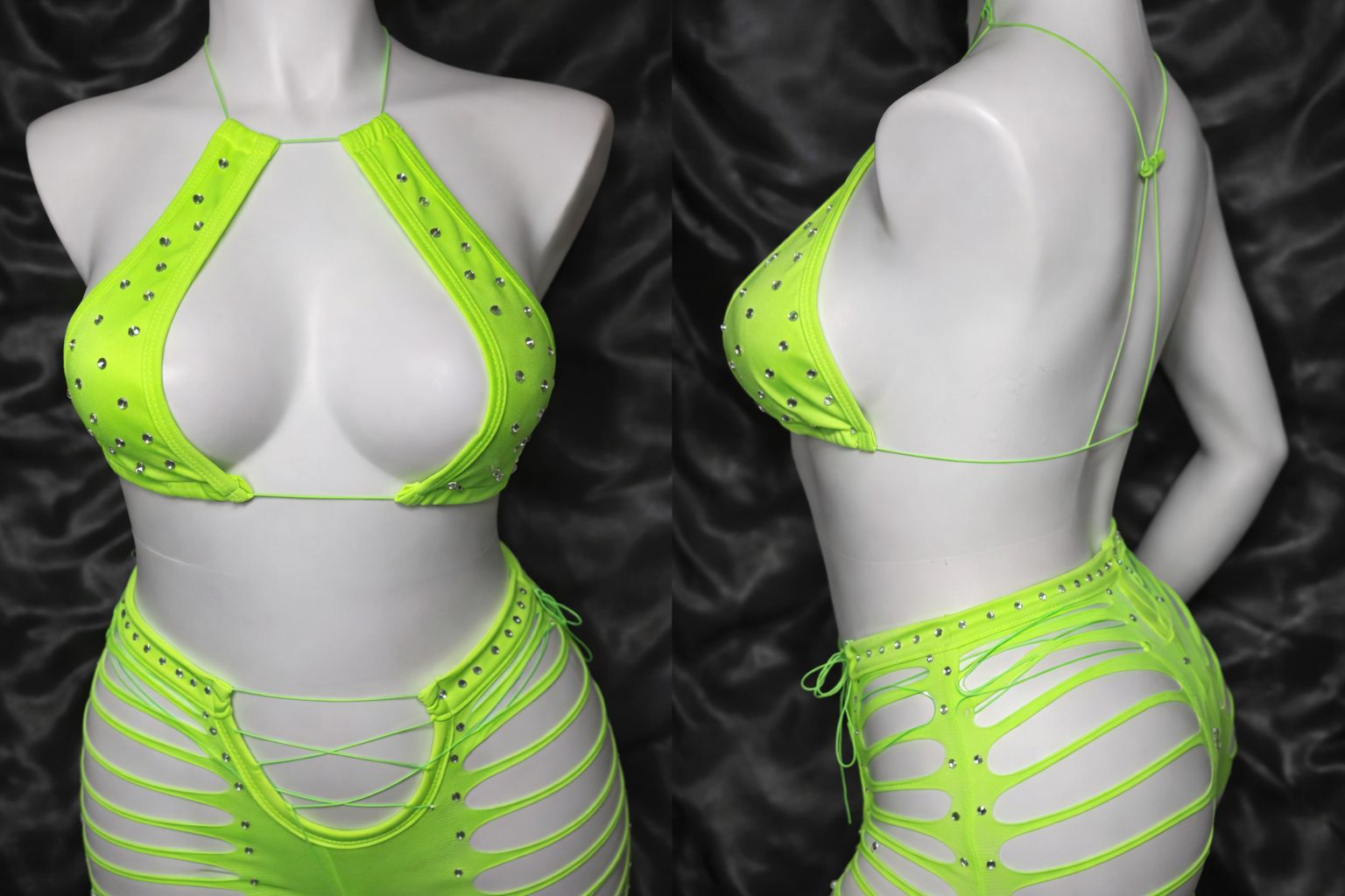 Neon Green Rhinestone Slashed Shorts Set