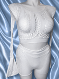 White Textured Long Sleeve Crop, Shorts & Thong Set