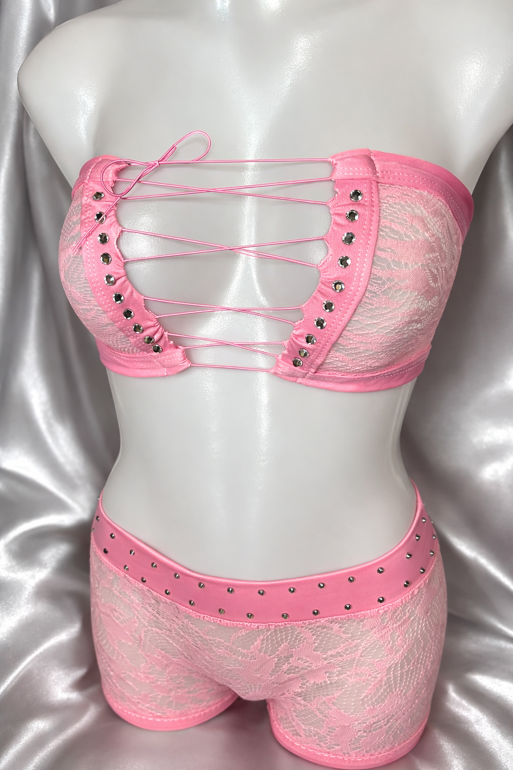 Pink Lace Crystal Lace-Up Bandeau & Shorts Set