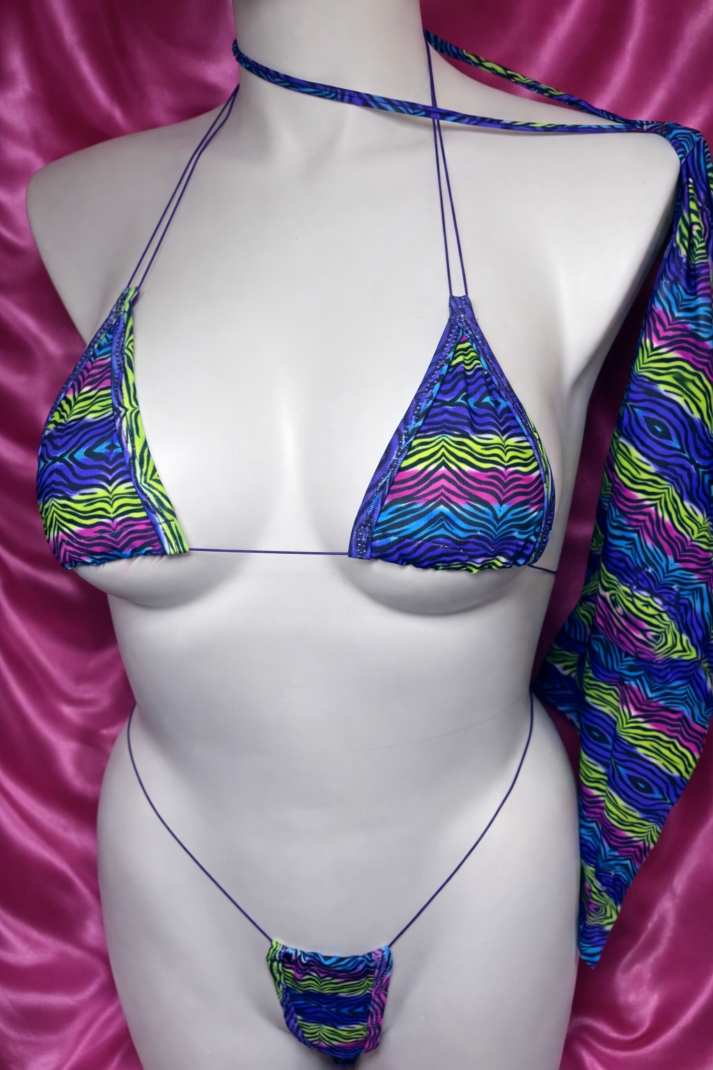 Neon Multicolor Zebra Micro Bikini Set with Money Bag