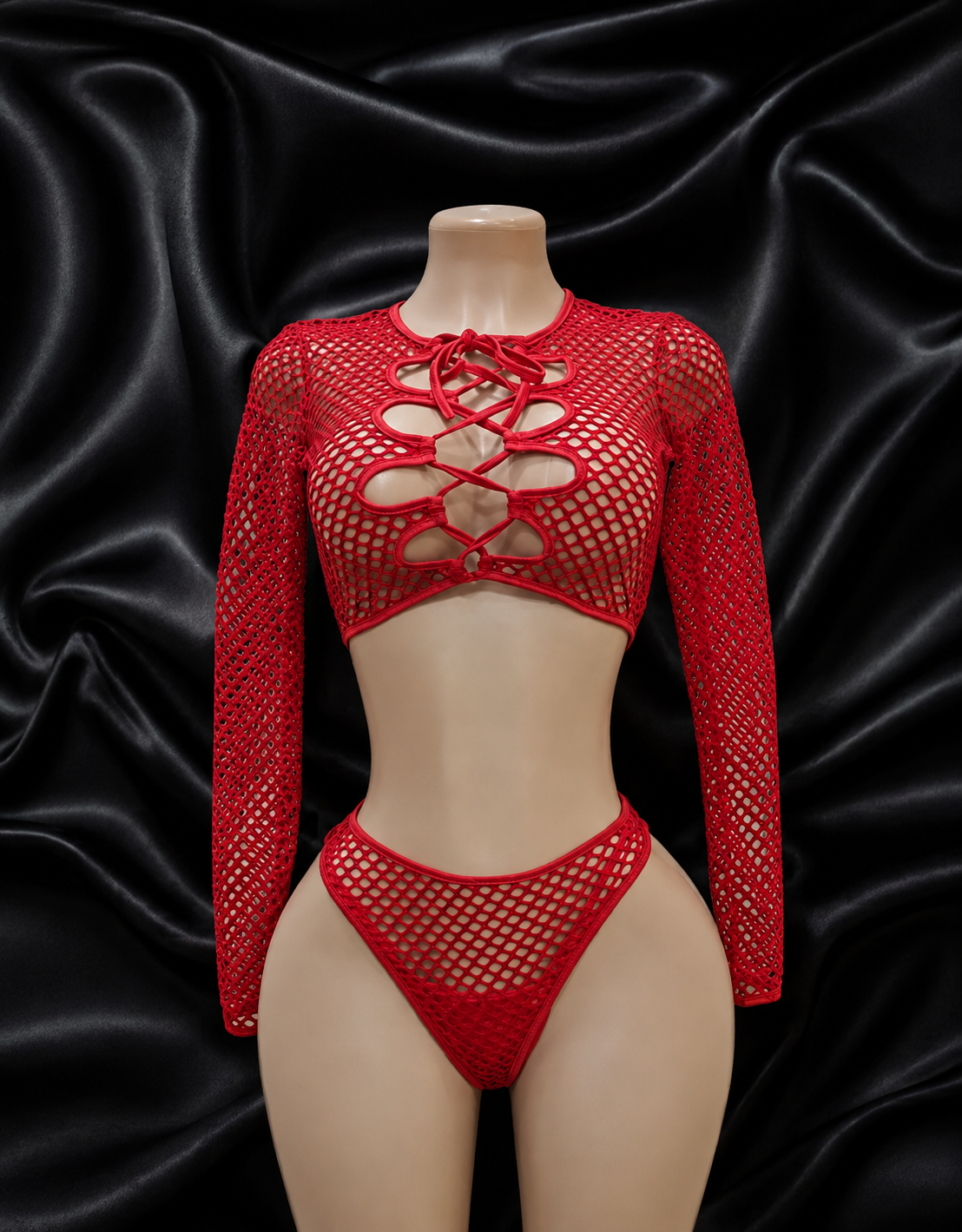 Red Fishnet Lace-Up Crop Top & Thong Set – Bartender, Bottle Girl, Rave & Dancewear