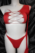 Red Rhinestone Lace-Up One-Shoulder Bandeau & Thong Set