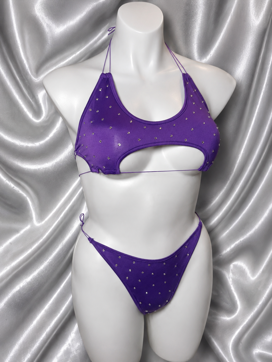 Purple Rhinestone Cutout Halter Bikini Set – Exotic Dancewear