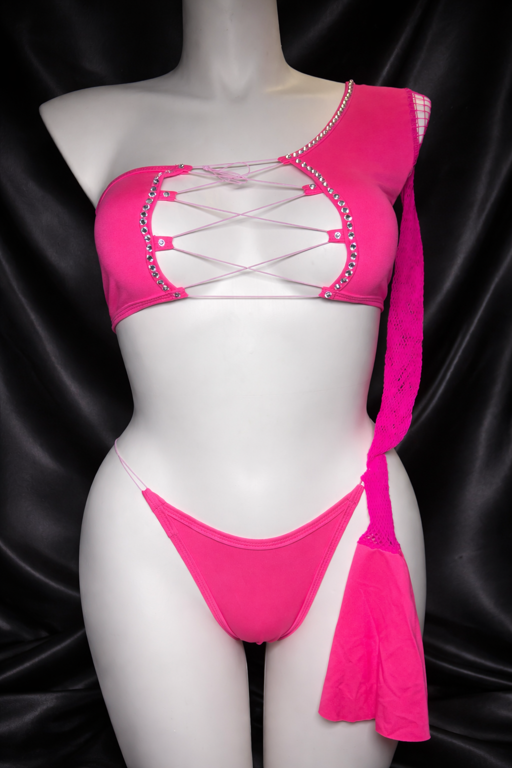 Hot Pink Rhinestone Lace-Up One-Shoulder Bandeau & Thong Set