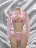 Baby Pink Fishnet Lace-Up Crop Top, Fishnet Bottoms & Thong Set – Bartender, Bottle Girl, Rave & Dancer