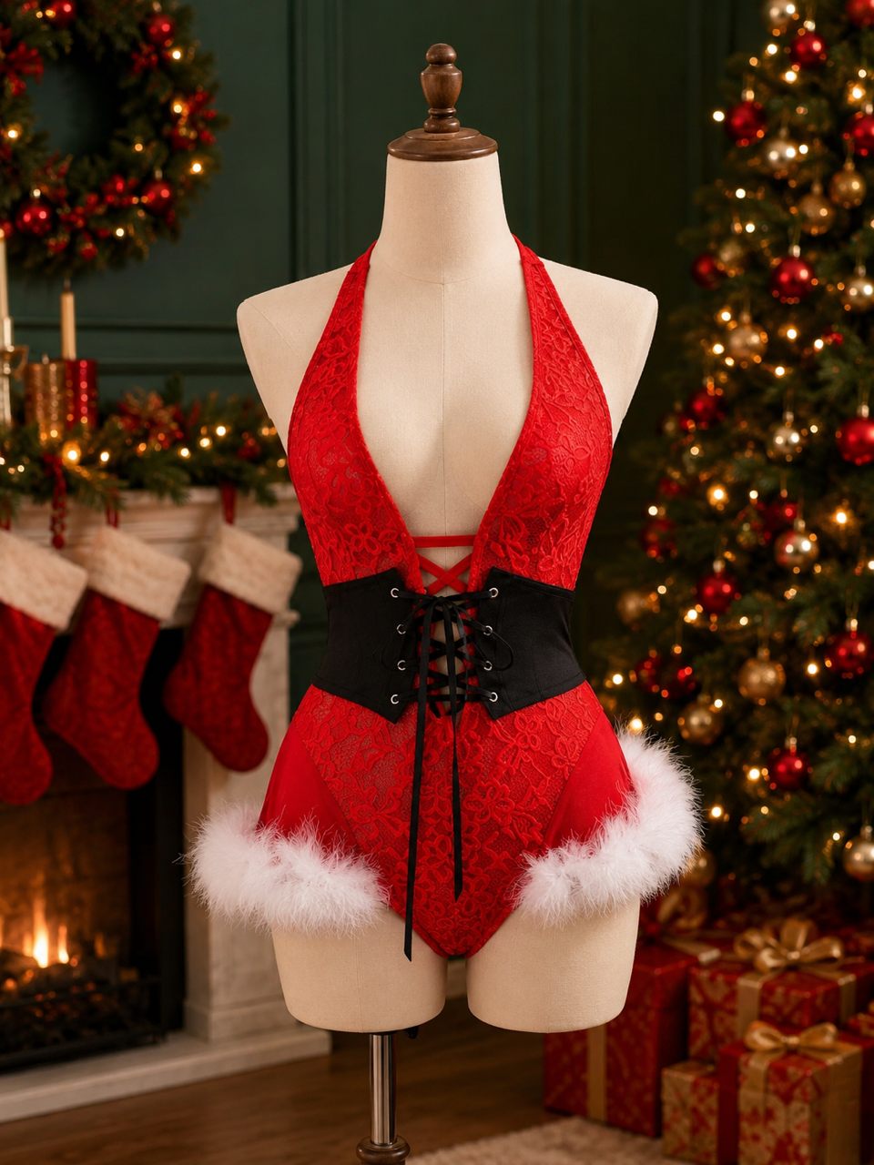 Santa's Baby Lace Halter Bodysuit