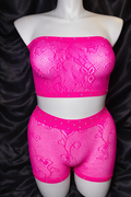 Hot Pink Lace Rhinestone Bandeau & Shorts Set