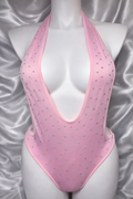 Pink Iridescent Rhinestone Deep-V Halter Bodysuit