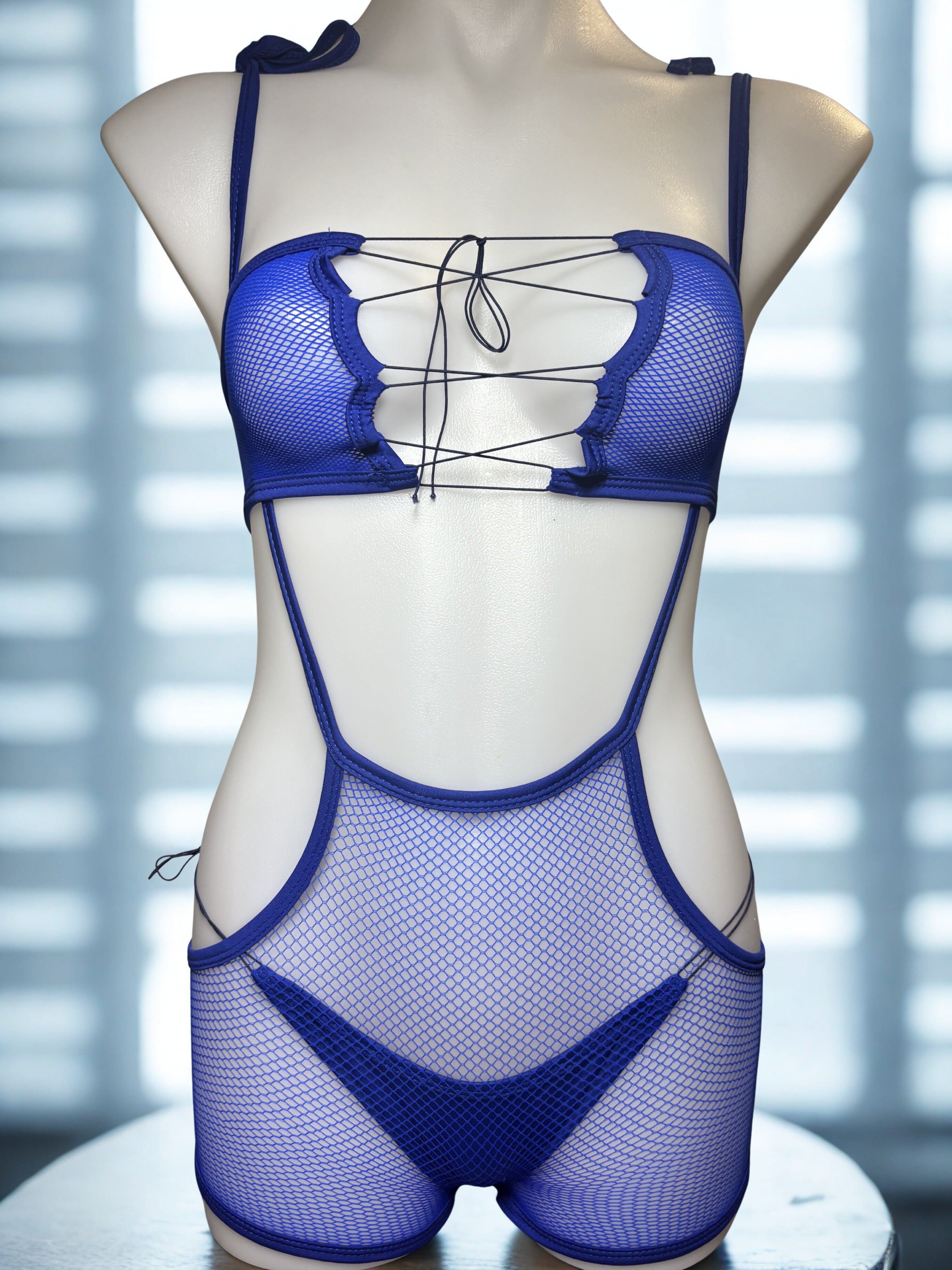 Royal Blue Fishnet 3-Piece Set – Bikini Top, Thong & Fishnet Overalls