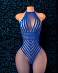Royal Blue Geometric Fishnet Full-Length Bodysuit