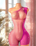 Hot Pink One-Shoulder Fishnet & Rhinestone Romper