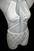 White halter lace-up fishnet bodysuit on mannequin – black background
