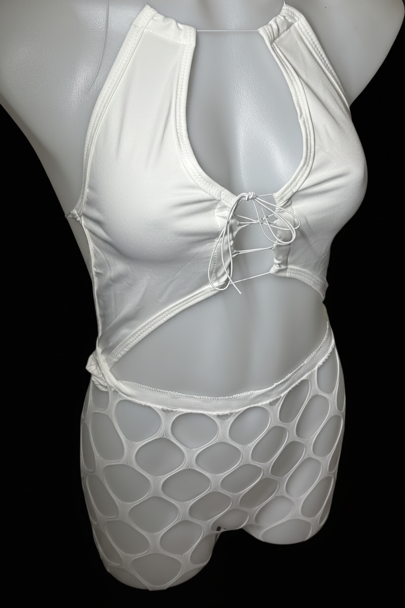 White halter lace-up fishnet bodysuit on mannequin – black background