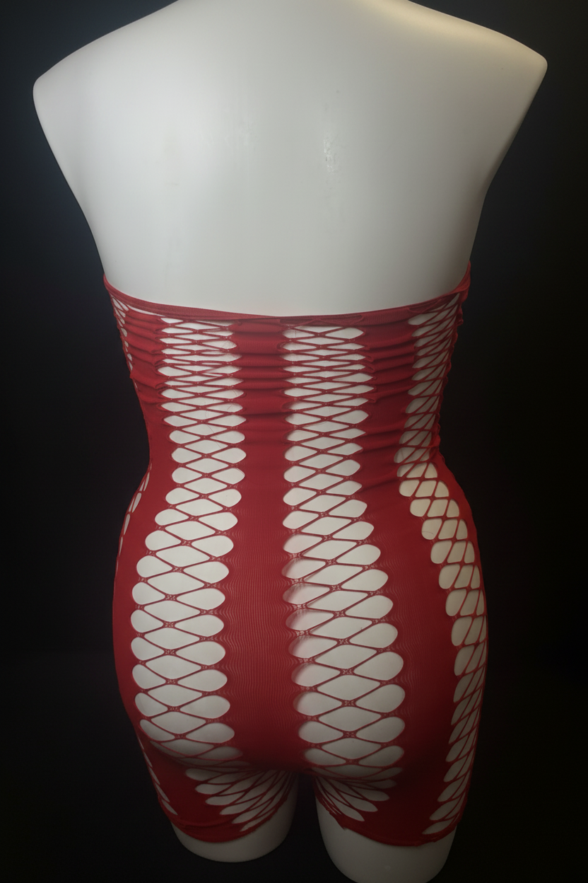 Red fishnet strapless bodysuit – back view on mannequin, black background