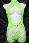 Neon Highlighter Lime Romper on Black Satin Background