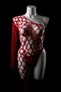 Red Rhinestone Wide Net Asymmetrical Bodysuit - Black Background