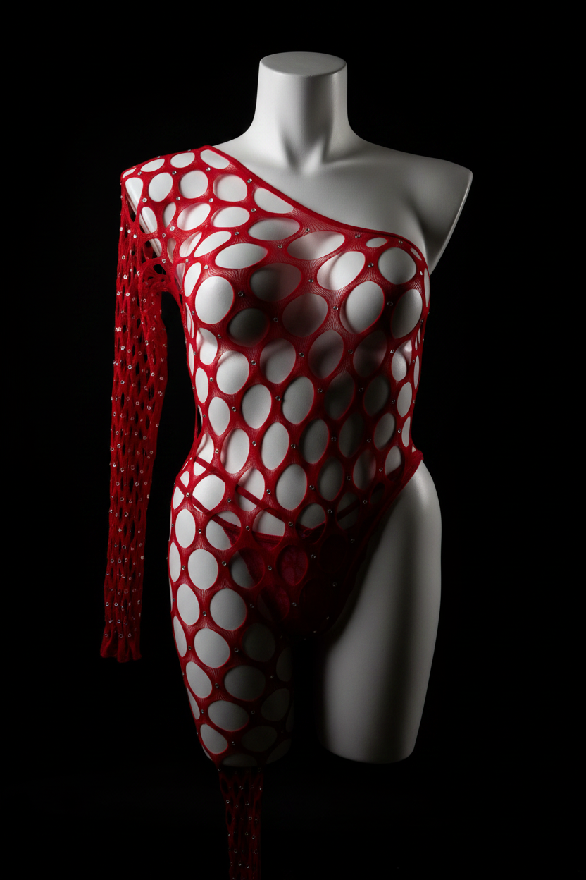 Red Rhinestone Wide Net Asymmetrical Bodysuit - Black Background